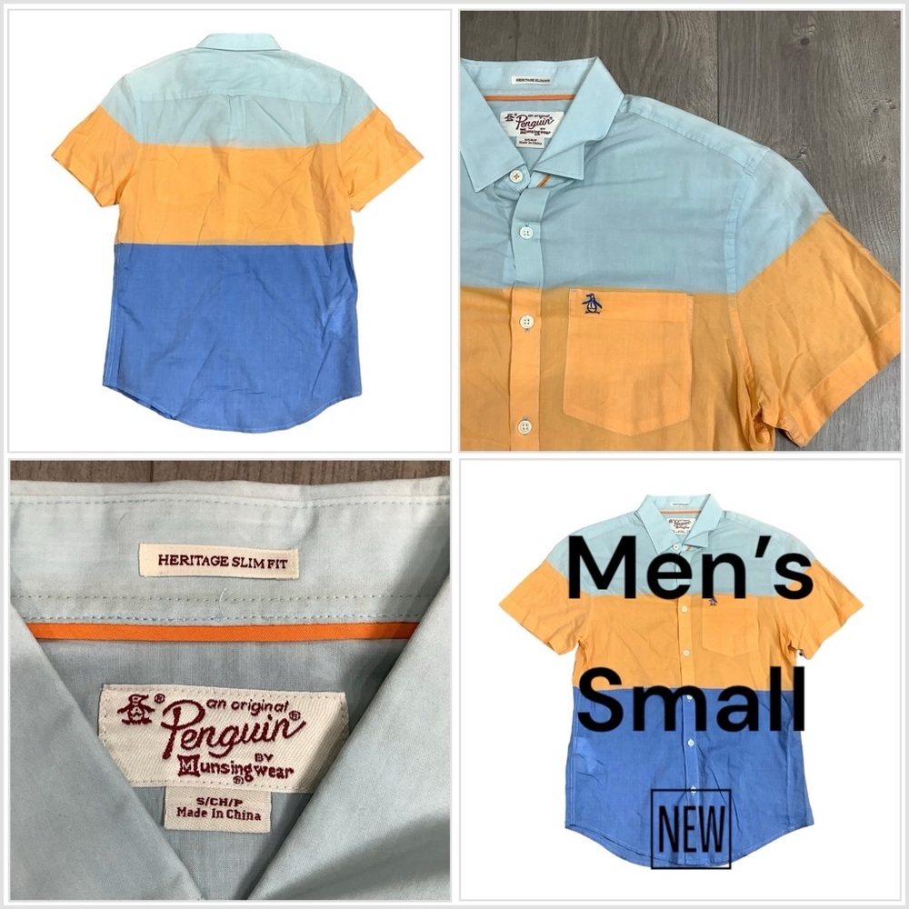Men's Penguin Small Button Front Shirt Block Colors Short Sleeve Casual NWOT